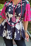 Black & White Top with pink turquoise heart bell sleeves