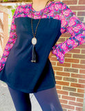 3X. Black top with Pink paisley sheer sleeves