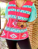 PRE ORDER:   Pink Tribal top with Turquoise sheer sleeves