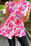 Pink floral white baby doll top cap sleeves