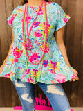 S,L,XL, 2X Neon Floral & Paisley print baby doll top