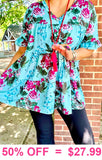 M, Turquoise Baby Doll Top Over sized  with floral print