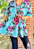 M, Turquoise Baby Doll Top Over sized  with floral print