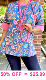 S, M, L, 3X Blue flower top with pink trim sleeves