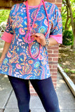 S, M, L, 3X Blue flower top with pink trim sleeves