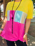 Yellow, Tie Dye, Pink color block top