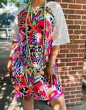 Colorful Abstract printed dress with lace sleeves