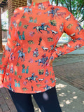 Orange Western print sheer long sleeve top