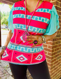 PRE ORDER:   Pink Tribal top with Turquoise sheer sleeves