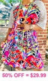 Colorful Abstract printed dress with lace sleeves