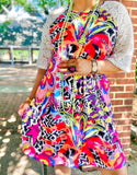 Colorful Abstract printed dress with lace sleeves