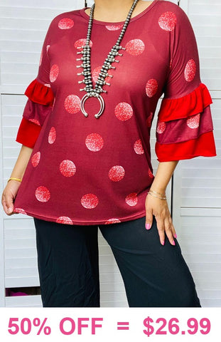 Red polka dot blouse with ruffle bell sleeves