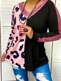 Pink Leopard & Black long sleeve top with sequins