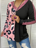 Pink Leopard & Black long sleeve top with sequins