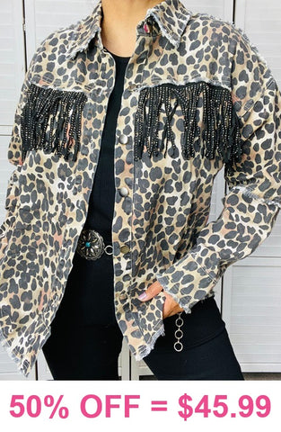 S/M : Leopard jacket with bling fringe