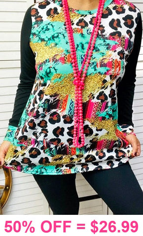 Leopard, Turquoise, Serape long sleeve top