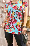 L, 2X,3X : Turquoise Floral ruffle cap sleeve top