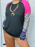 Black top with pink, leopard, tribal long sleeves