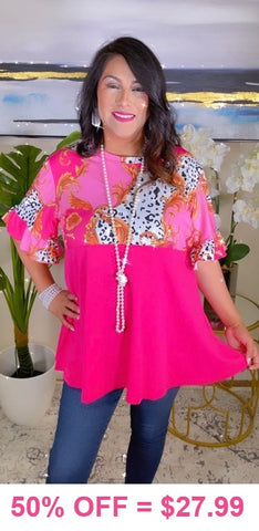 Pink top with leopard and scroll print ruffle sleeves