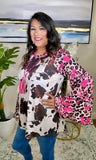 Cow Print Top with pink leopard bell sleeves