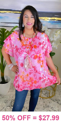 Pink & Orange floral top & Ruffle short sleeves