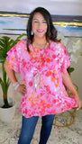 S, XL, 2X, 3X Pink & Orange floral top & Ruffle short sleeves