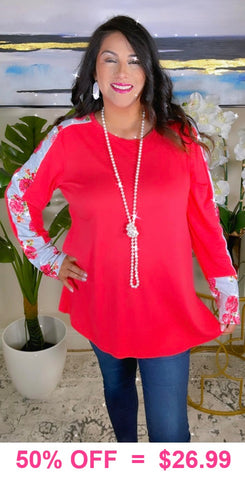 Coral Top with white floral stripe long sleeves