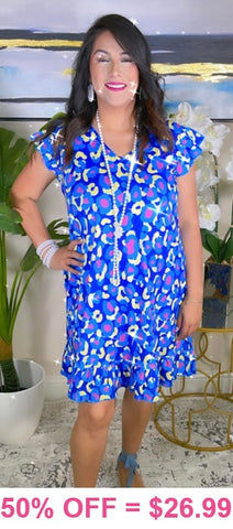 2X, 3X Blue & Yellow Leopard Dress