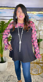 3X. Black top with Pink paisley sheer sleeves