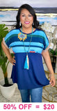 Blue tribal top with sequin trim short sleeves