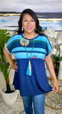 Blue tribal top with sequin trim short sleeves