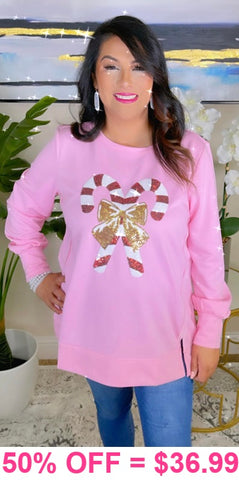 Pink Sweater with Sequin Candy Canes