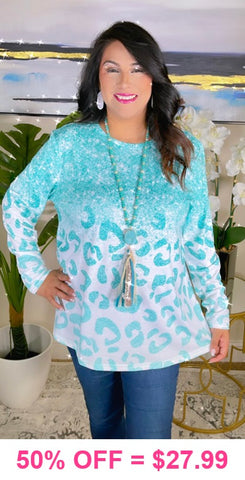 Turquoise & White leopard long sleeve top