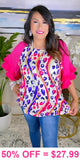 Purple Leopard Blouse Pink ruffle sleeves