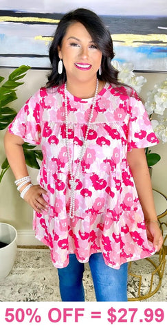 M, L, XL, 2X Pink Flower print baby doll top