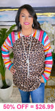 Leopard Top with colorful striped sleeves