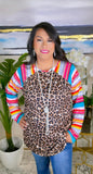 Leopard Top with colorful striped sleeves