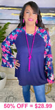 Navy Blue Top with Pink Long floral bell sleeves