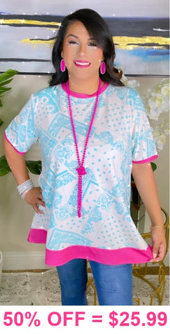 White & Turquoise bandana top with pink trim