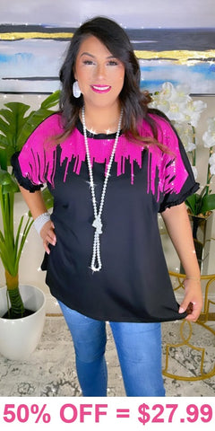 *M, XL, 3X Black Top with cascading Hot Pink Sequins