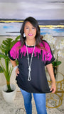 M, XL,3X : Black Top with cascading Hot Pink Sequins