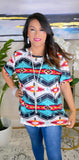 L, 2X, 3X White, Turquoise & Red Aztec print short sleeve top