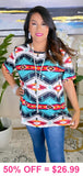 L, 2X, 3X White, Turquoise & Red Aztec print short sleeve top