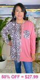 2X : Half Leopard/ Half Pink long sleeve top with pocket