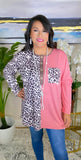 2X : Half Leopard/ Half Pink long sleeve top with pocket