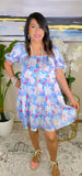 S, M, L, XL, Blue, White, Pink Floral Satin tiered dress