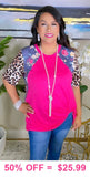 S, L, XL, 3X Pink Top with grey floral & leopard short sleeves