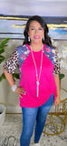 S, L, XL, 3X Pink Top with grey floral & leopard short sleeves