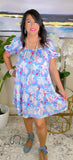 S, M, L, XL, Blue, White, Pink Floral Satin tiered dress