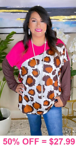 Pink, Big Spot Leopard, Brown long sleeve top